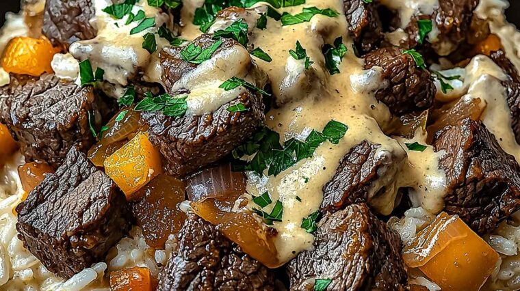 Cheesy Steak & Rice: A Tex-Mex Comfort Food Favorite for Busy Nights 7 Close-up of beef and rice skillet with creamy cheese sauce and parsley.