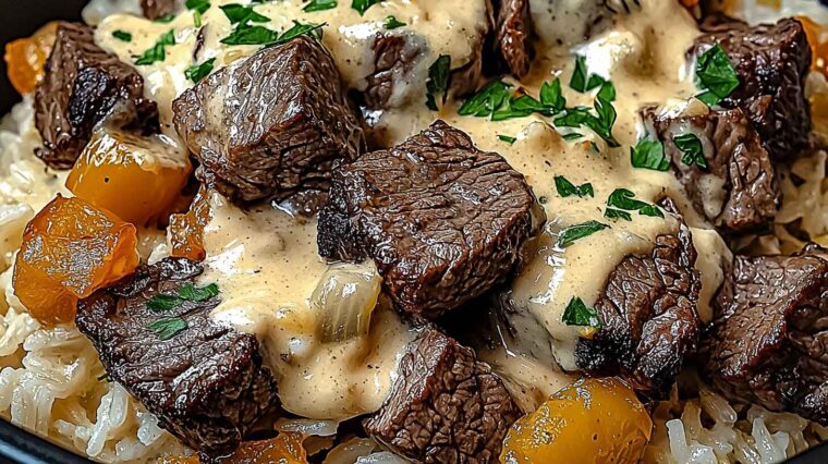Cheesy Steak & Rice: A Tex-Mex Comfort Food Favorite for Busy Nights 6 Steak and rice bowl topped with creamy cheese sauce and fresh parsley.