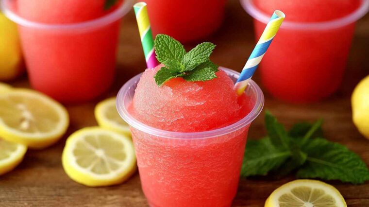 Easy Watermelon Slushies for Kids: The Ultimate Summer Cool-Down Treat 5 Refreshing watermelon slushies in clear cups with colorful straws and mint garnish, surrounded by sliced lemons on a wooden surface.