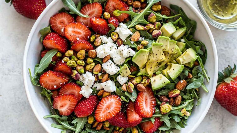 Strawberry Crunch Salad: Sweet, Crunchy & Fresh Summer Favorite 7 Fresh arugula strawberry salad with avocado, feta cheese, toasted almonds, pistachios, and champagne vinaigrette.