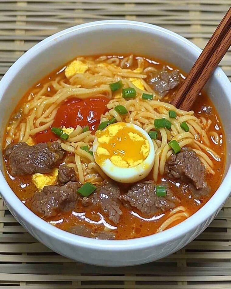 Tomato Egg and Beef Noodle Soup: Quick, Cozy Dinner Recipe 6 Gourmet tomato beef ramen with soft-boiled egg and green onion garnish