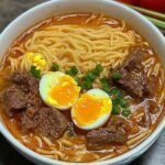 Tomato Egg and Beef Noodle Soup: Quick, Cozy Dinner Recipe 7 Asian beef noodle soup with tomato broth, soft-boiled egg, beef, and scallions