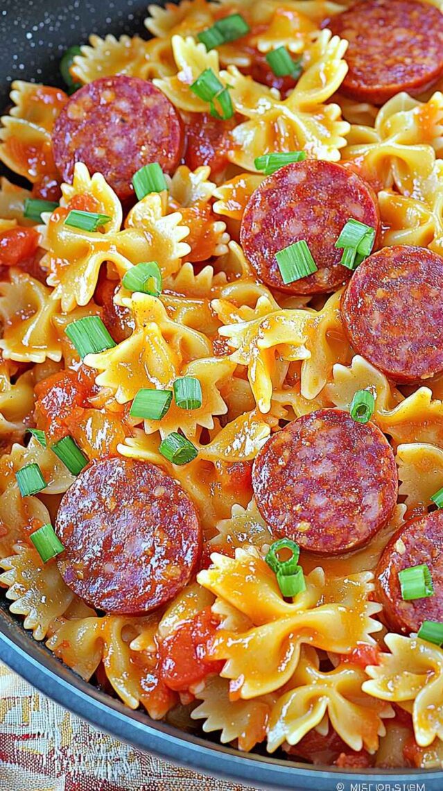 One Pot Kielbasa Pasta – Quick, Cheesy & Family-Loved Dinner 6 One pot kielbasa pasta with bowtie noodles, sausage slices, melted cheese
