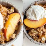 Peach Crisp – Easy Old-Fashioned Recipe for Summer Bliss 3 Peach crisp in a bowl with vanilla ice cream on top