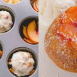 Peach Upside Down Mini Cakes – Sweet, Juicy & Perfect for Summer 3 Peach upside down mini cakes in muffin tin and cooling on a rack