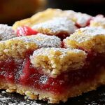 Rhubarb Shortbread Bars: Sweet-Tart Magic on a Buttery Base 3 Slice of rhubarb shortbread bar dusted with powdered sugar