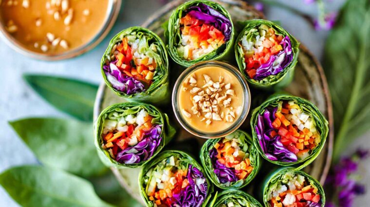 Vegetable Spring Rolls with Creamy Peanut Sauce 7 Colorful vegetable spring rolls served with peanut dipping sauce