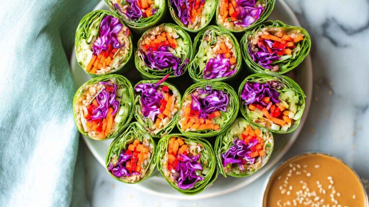 Vegetable Spring Rolls with Creamy Peanut Sauce 5 Homemade vegetable spring rolls served with peanut dipping sauce on a marble surface