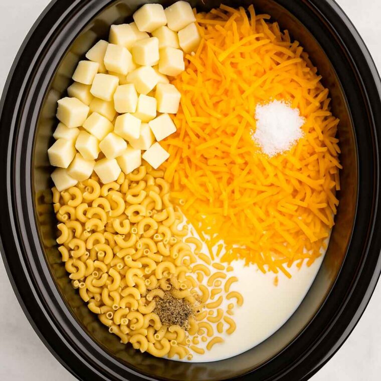 Why Crock Pot Mac and Cheese is a Game-Changer 5 Uncooked crock pot mac and cheese ingredients in a black slow cooker