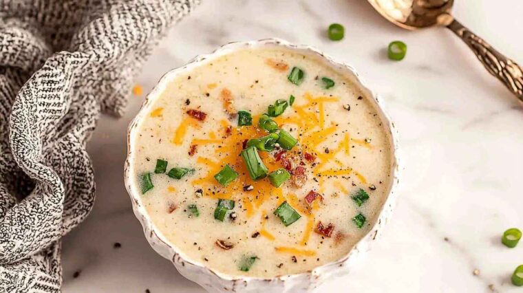 Crockpot Potato Soup: Creamy, Cheesy, and Comfort in a Bowl 4 Creamy crockpot potato soup with fresh toppings in a white bowl on marble surface