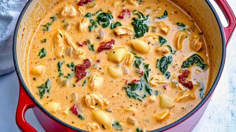 Marry Me Chicken Soup Recipe: Creamy, Cozy, and Irresistibly Comforting 5 Marry Me Chicken Soup in a red pot with chicken, spinach, pasta, and sun-dried tomatoes.