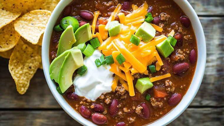Slow Cooker Chili Recipe: The Ultimate Set-and-Forget Comfort Food 7 Bowl of slow cooker chili topped with avocado, cheese, sour cream