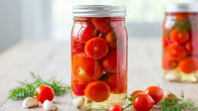 Canning Tomatoes: The Complete Beginner-to-Expert Guide 5 A close-up view of clear mason jars filled with whole canning tomatoes, fresh dill, and garlic cloves, sitting on a wooden surface.