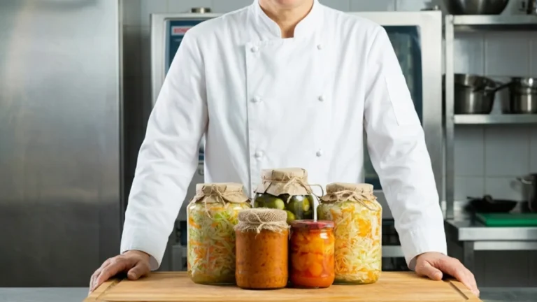 Canning Salt: The Complete Guide for Safe and Flavorful Food Preservation 6 A professional chef standing behind a wooden board displaying various jars of fermented vegetables and pickles, illustrating the results of canning with salt.