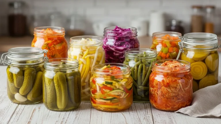 Fermented Foods: The Ancient Superfoods Making a Modern Comeback 4 A colorful assortment of glass jars filled with various fermented foods, including kimchi, pickles, red cabbage, and green beans, arranged on a white table.