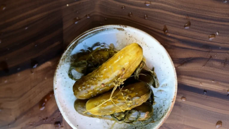 Fermented Pickles – A Complete Guide to Flavor, Health, and Tradition 3 A top-down close-up of whole fermented pickles on a speckled plate, garnished with fresh dill sprigs and pickling spices.
