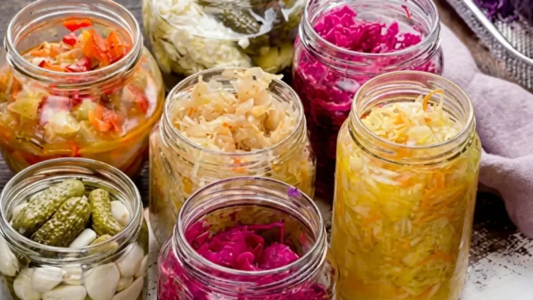 Home 14 A colorful variety of fermented foods in open glass jars, including sauerkraut, red cabbage, and pickled cucumbers, arranged on a rustic wooden table.
